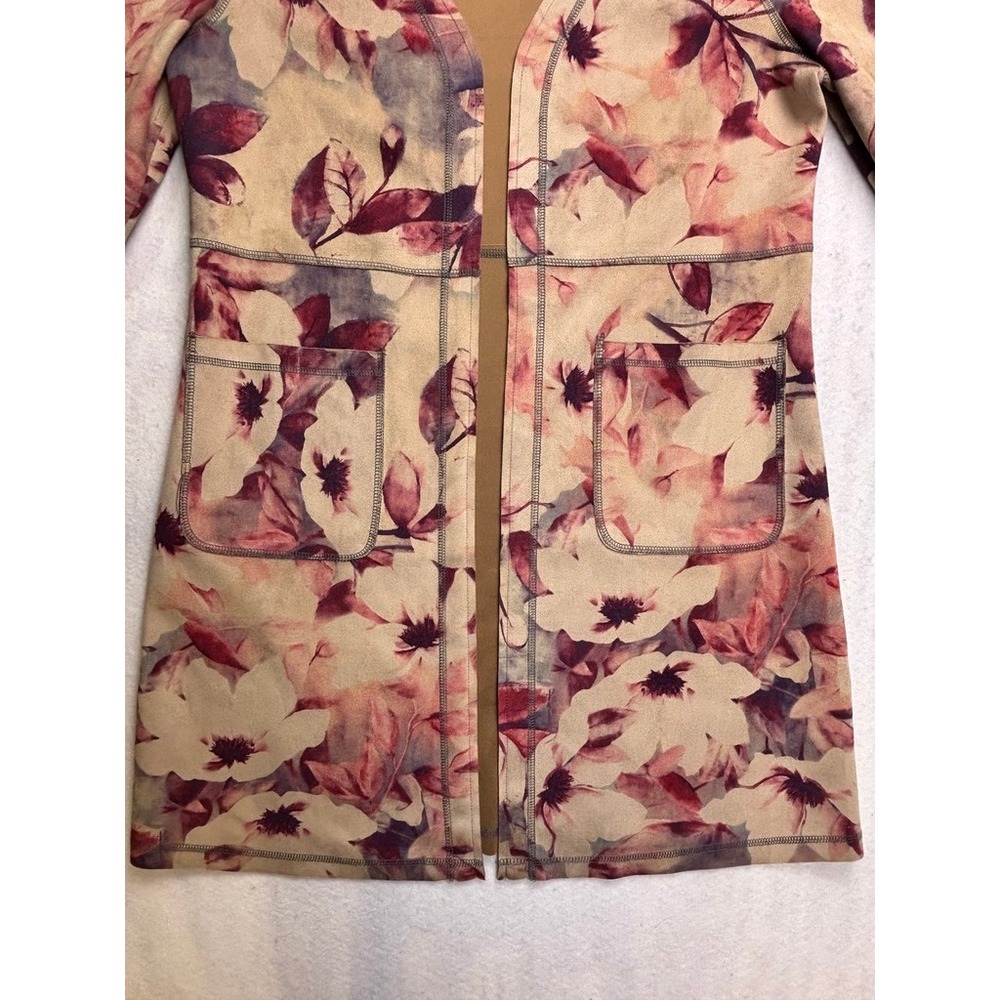 Solitaire Womens Floral Faux Suede Open Front Duster Cardigan Tan Mauve Medium‎ - Picture 6 of 13